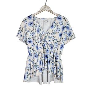 ARULA Shirt Womens X 10-12 White Blue Floral Peplum Wrap V Neck Short Sleeve USA